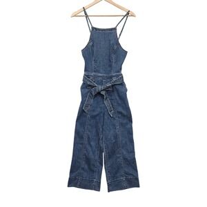 Hollister Medium Wash Denim Wide Leg Jumpsuit Blue Smocked Back Small